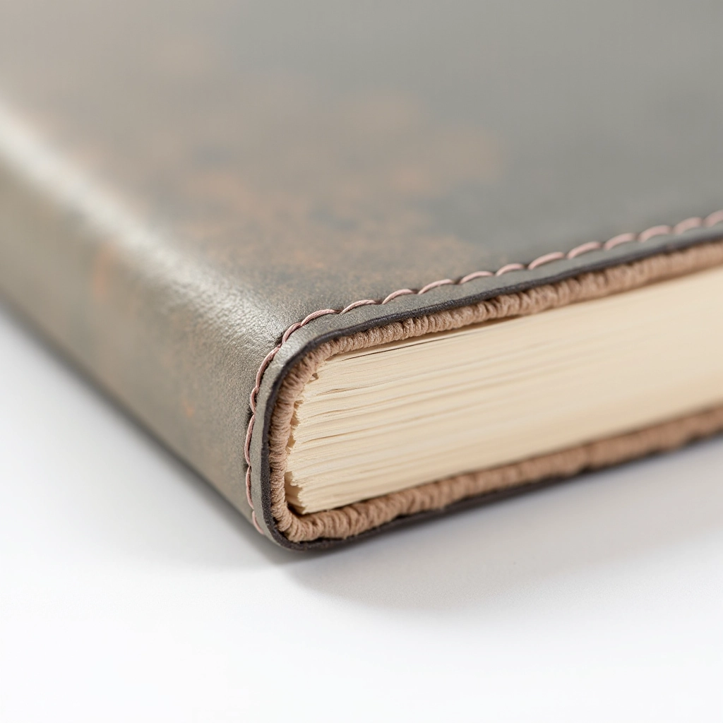 Close-up of notebook binding showing sewn edges and leather cover detail, macro photography with sharp focus