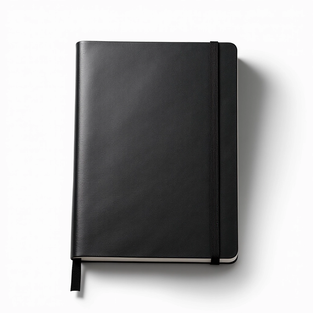 Premium leather-bound A5 notebook with black cover and cream-colored pages