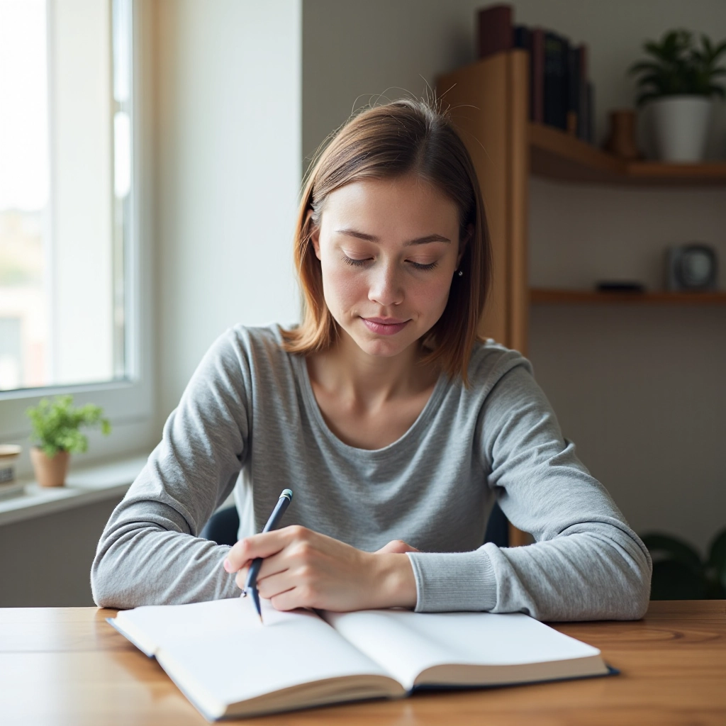 Student at wooden desk using mechanical pencil for note-taking, with notebook open, showing proper grip and writing posture in natural daylight